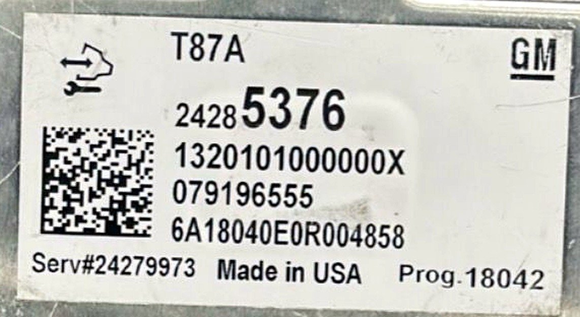 Etiqueta GM T87A 24285376 Serv 24279973 Prog 18042 Made in USA del módulo de transmisión